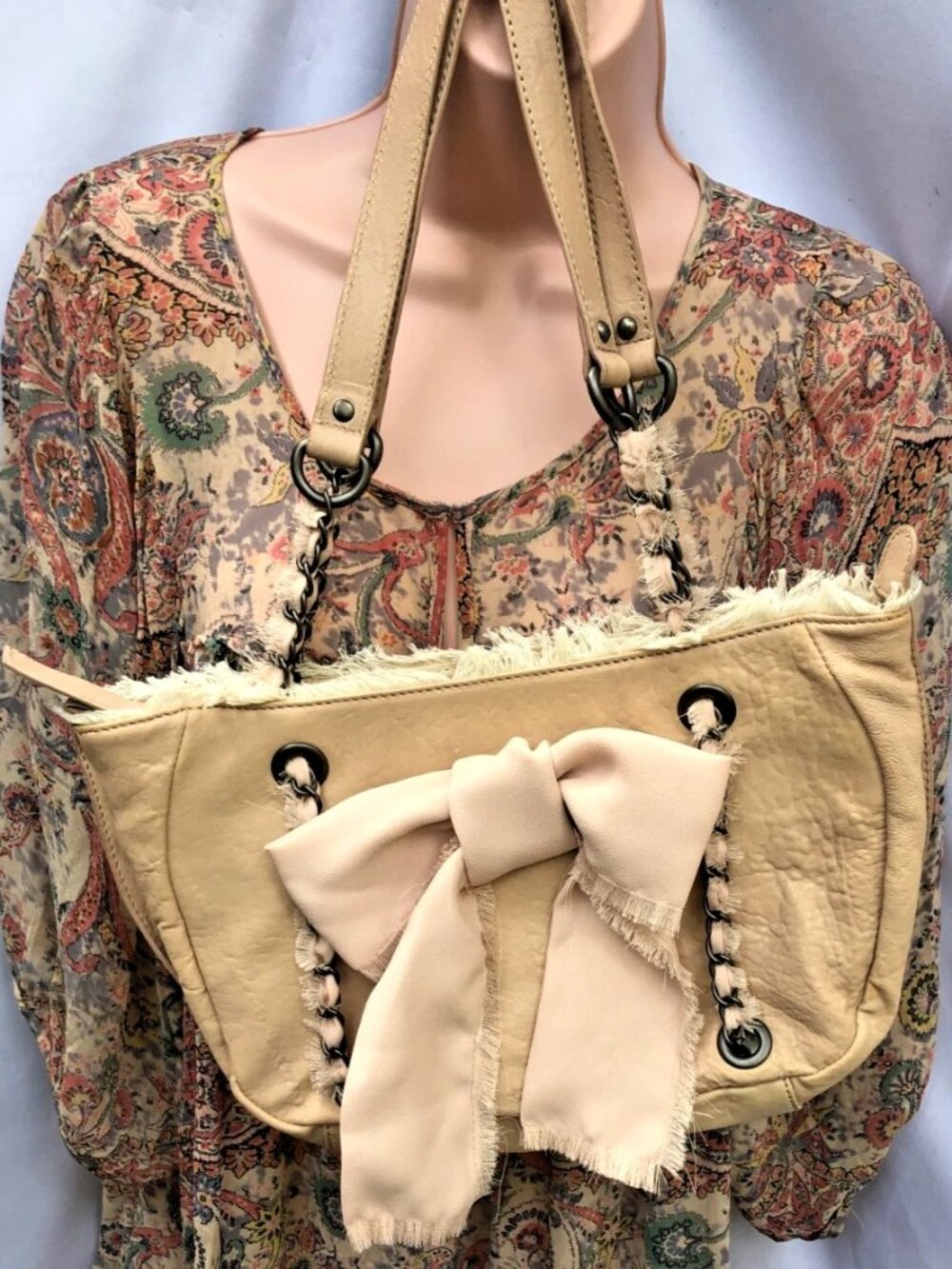 Miss Albright Specialty Pink Distressed Leather Fringe Bow Shoulder Tote Bag